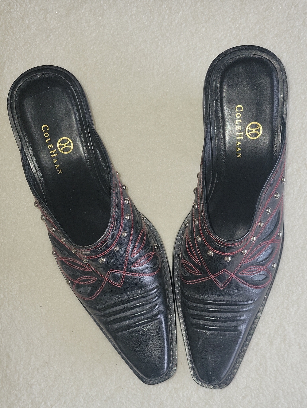 Cole Haan Black Leather Pointed Western Style Slip-On Mules with Red Stitching